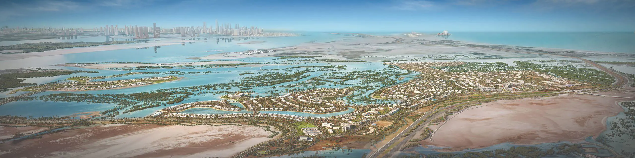Panoramic aerial view of Jubail Island's coastline and surrounding waters near Abu Dhabi.