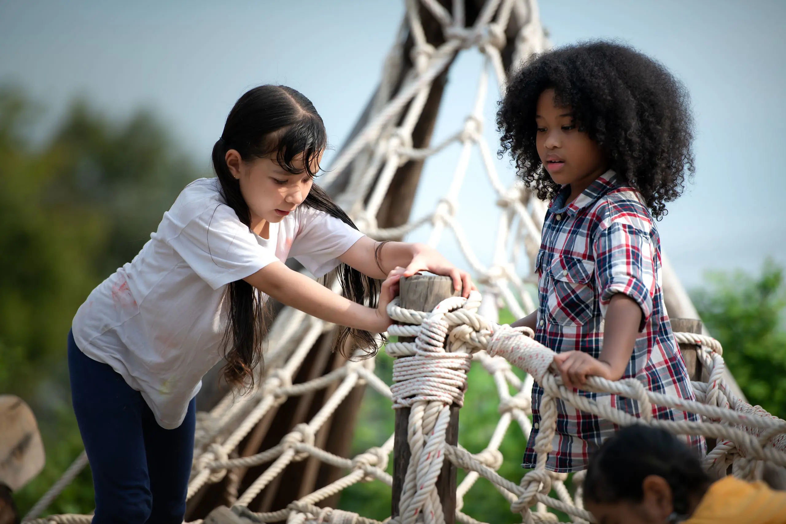Group of young international students collaborating outdoors to assemble a wooden structure.