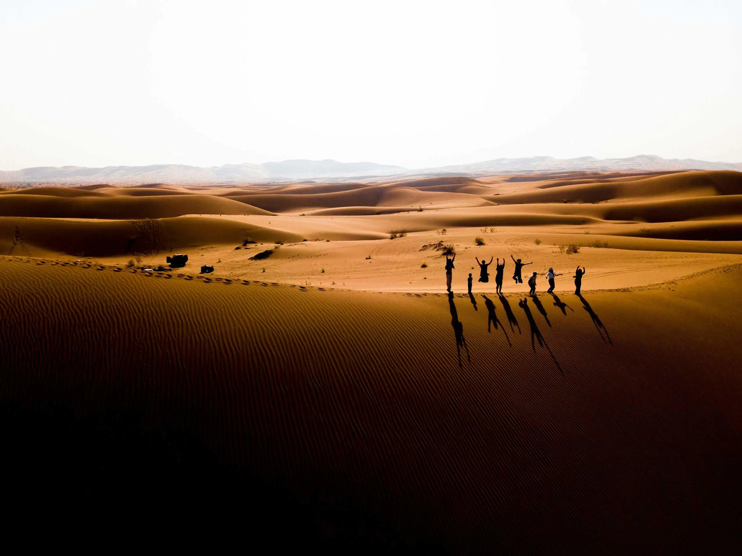Silhouettes of people celebrating with arms raised atop sweeping golden desert sand dunes at sunset.