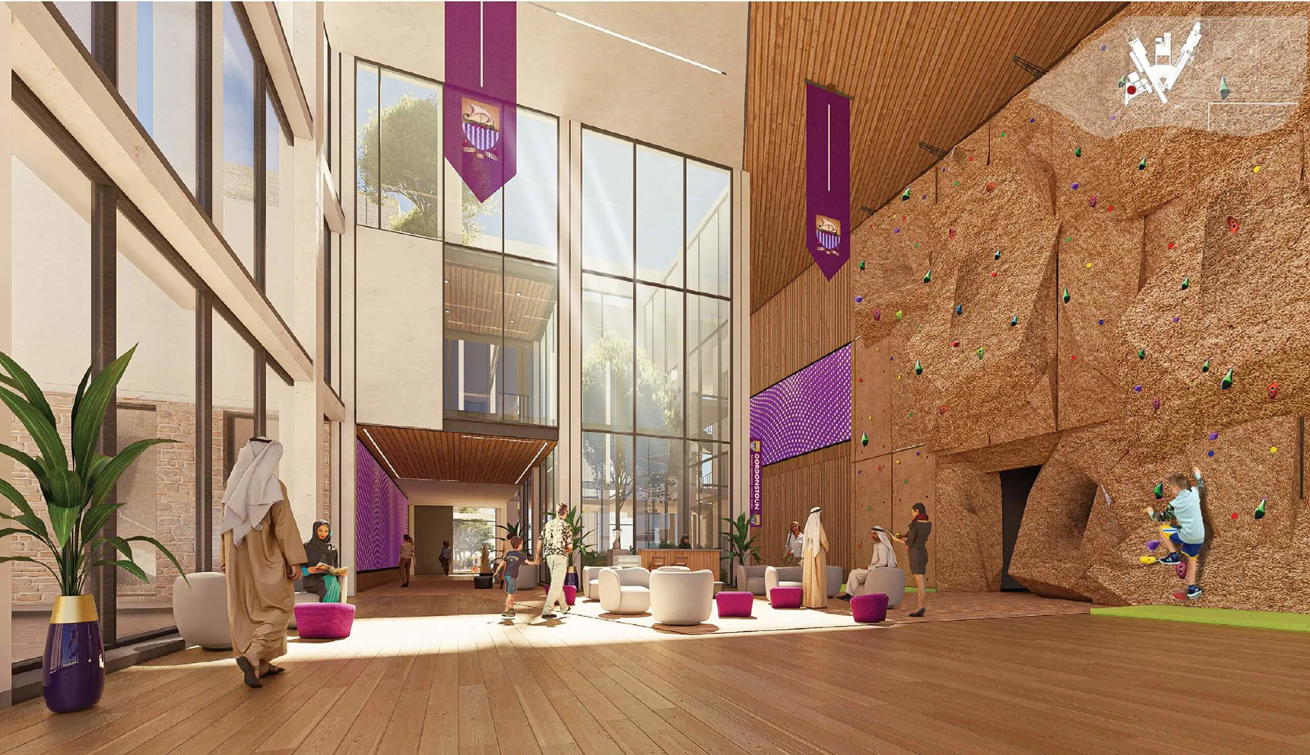 Architectural rendering of a high-ceilinged school atrium featuring an indoor climbing wall, purple school banners, and large glass windows.
