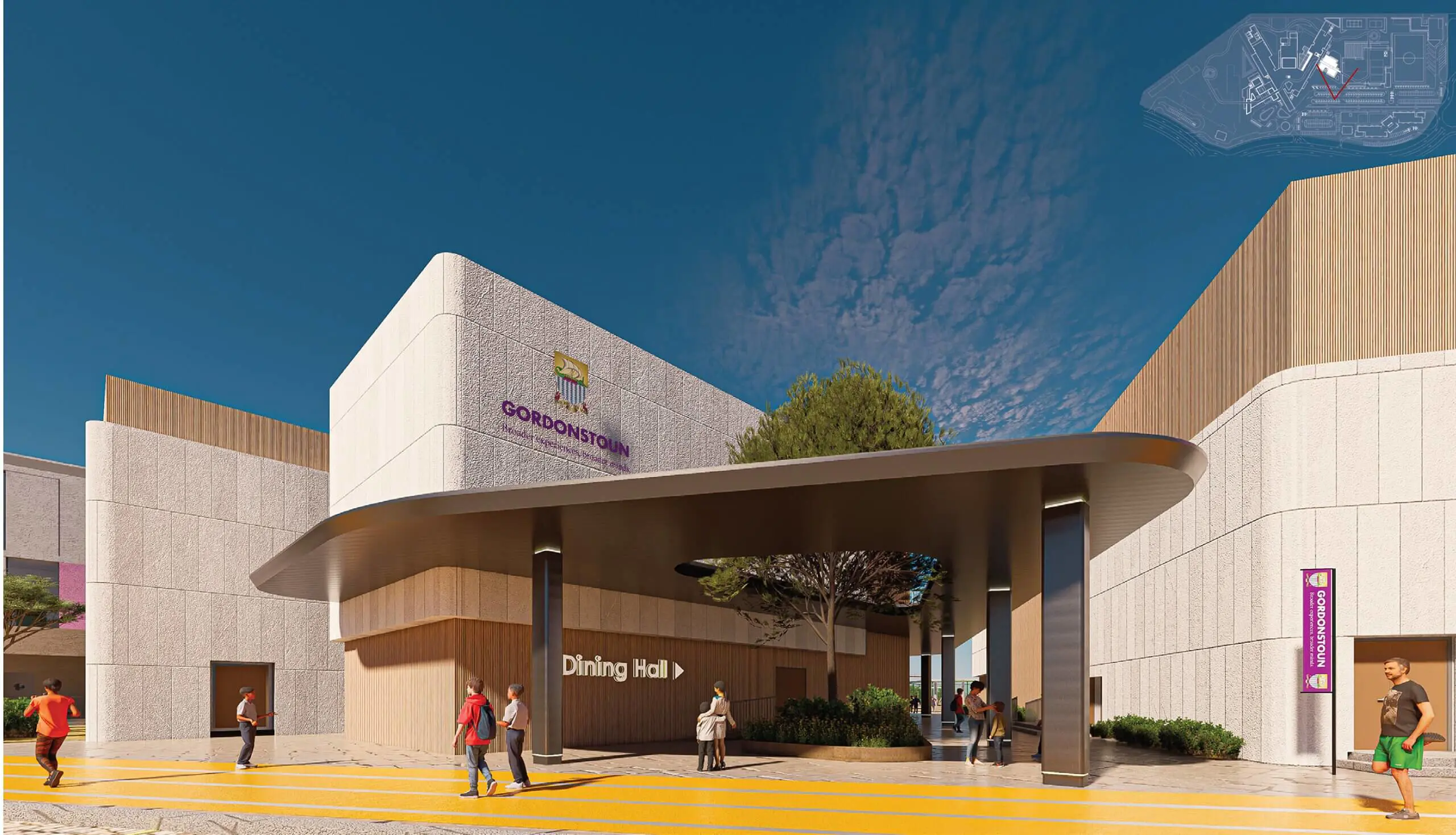 Modern architectural rendering of the Gordonstoun Jubail Island entrance and main campus building.