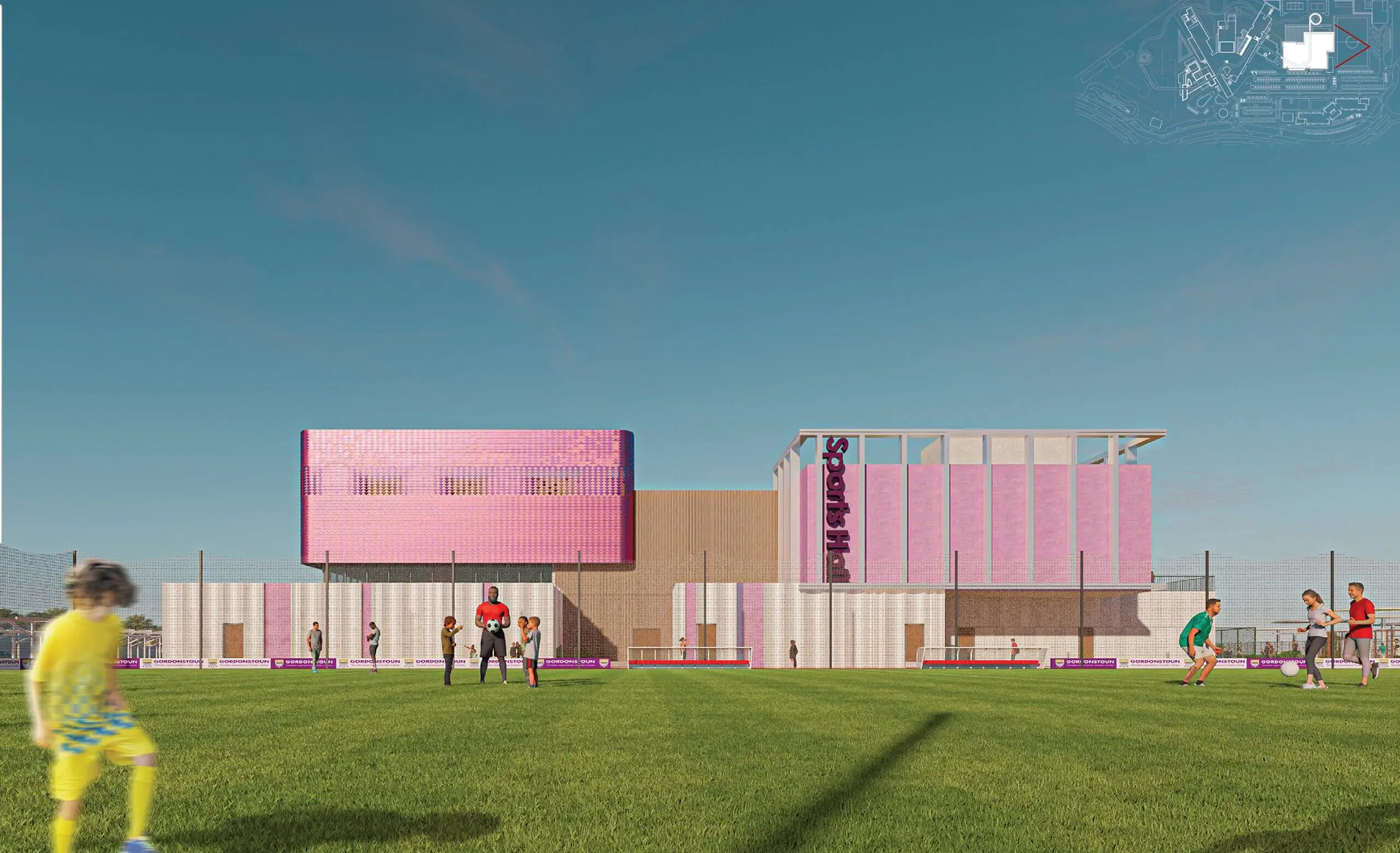 Architectural rendering of the exterior of a modern sports hall building with pink accent cladding and outdoor fields.