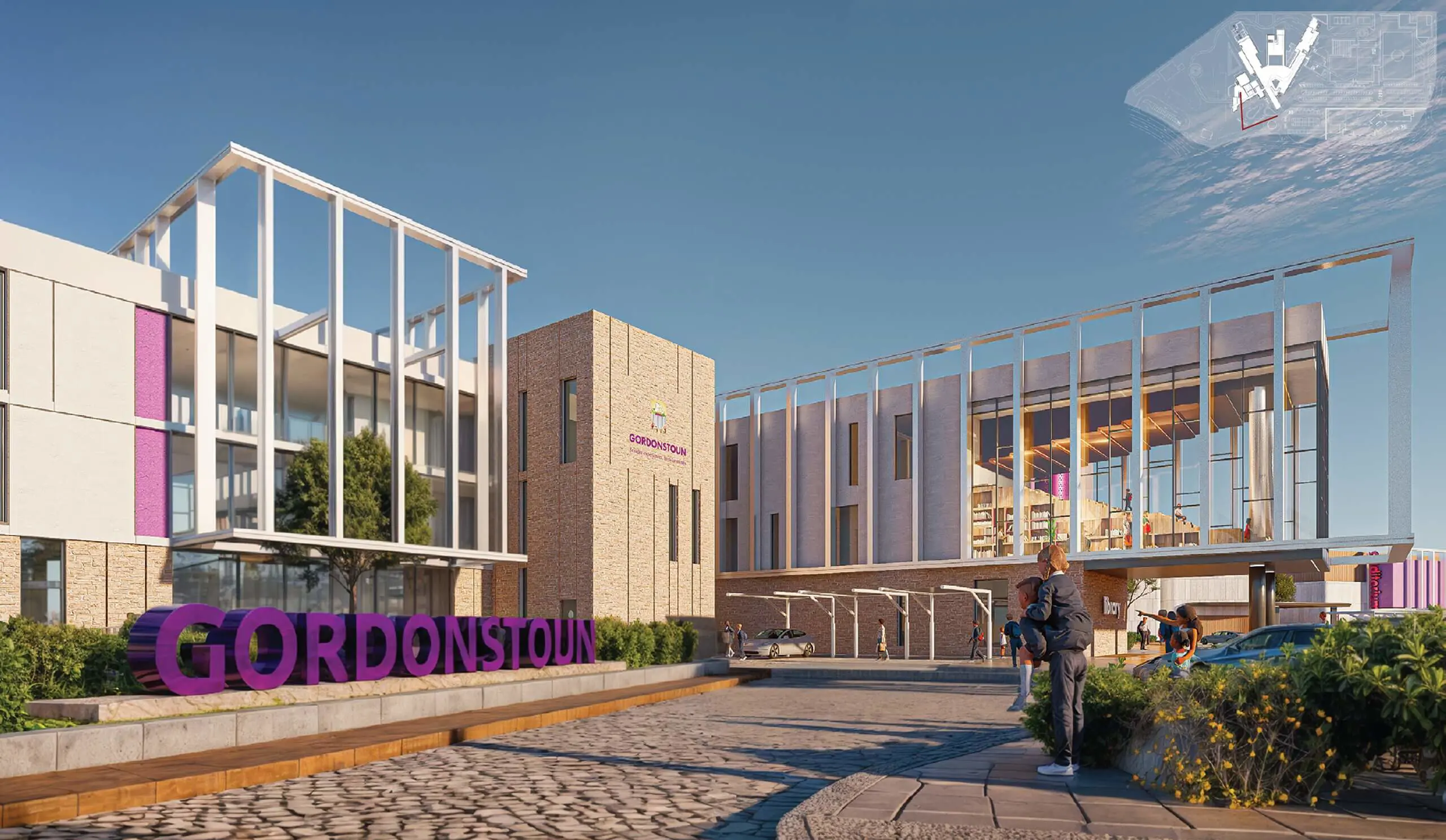 Architectural perspective rendering of the modern Gordonstoun Jubail Island campus exterior.
