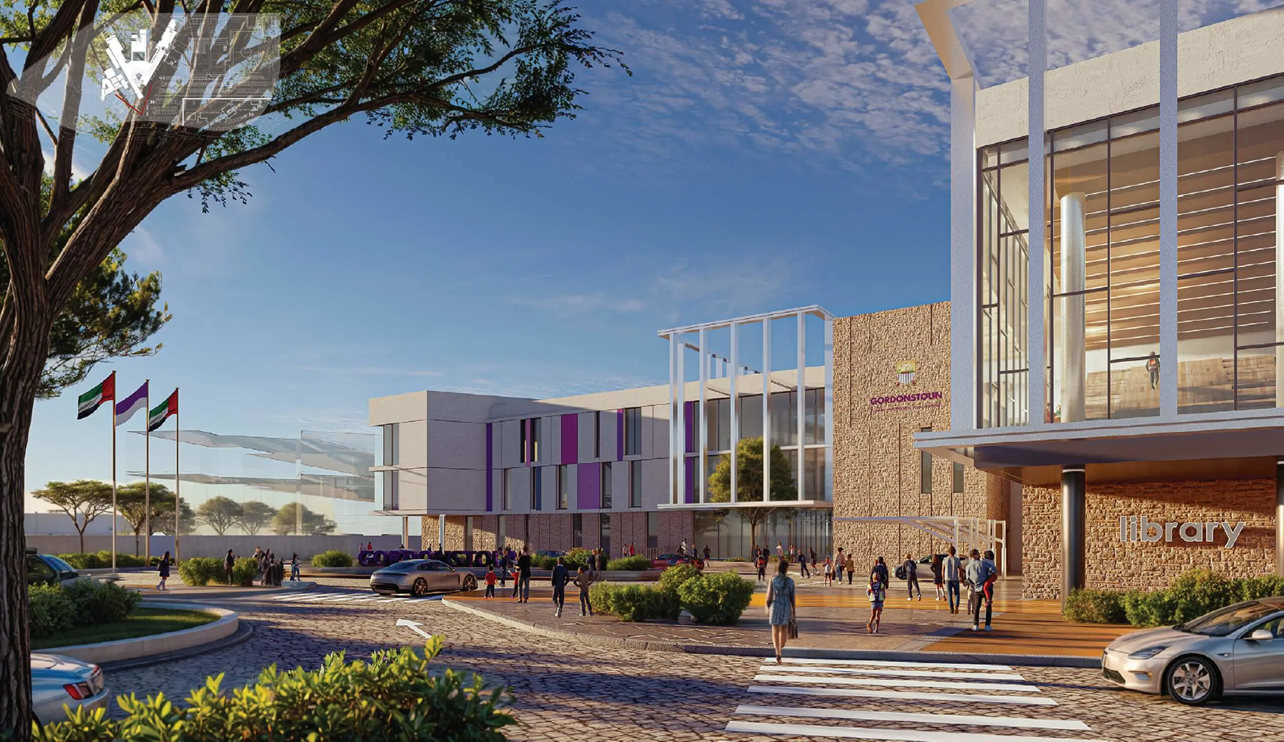 Modern architectural rendering of the Gordonstoun Jubail Island school building and landscaped entrance.